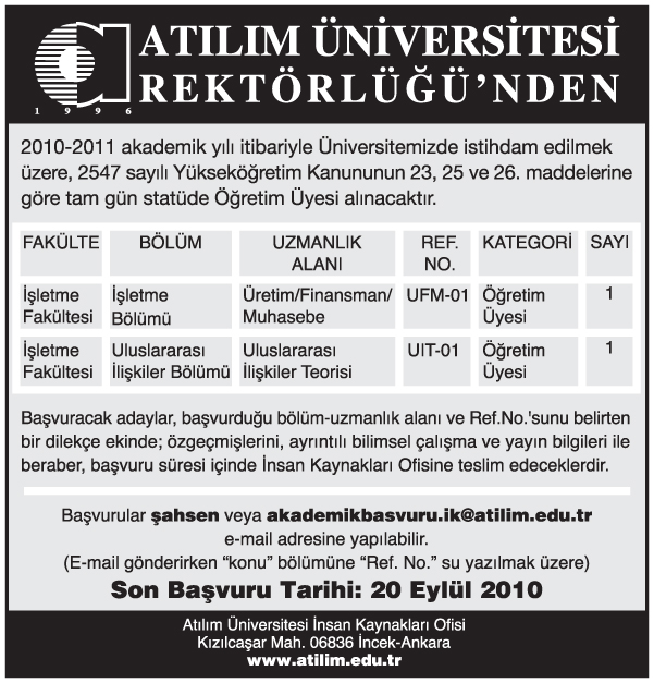 Öğretim Üyesi İlanı