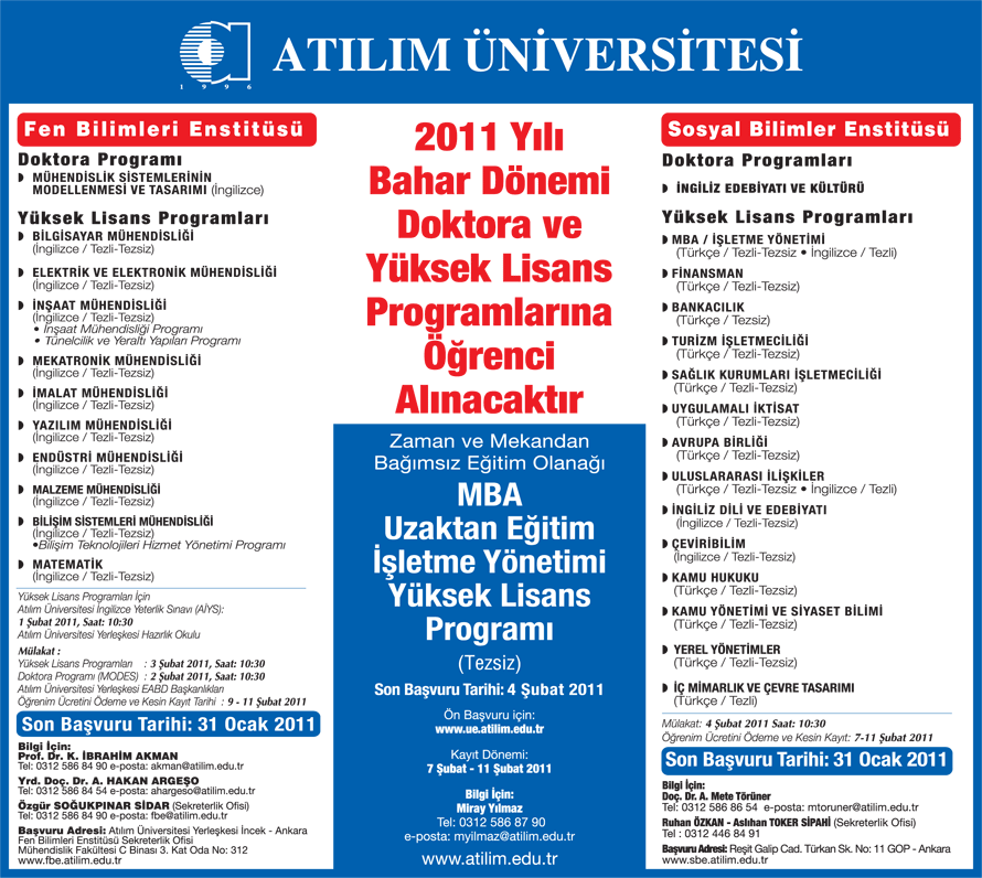 2011 yili bahar donemi doktora ve yuksek lisans programlarına öğrencialımı