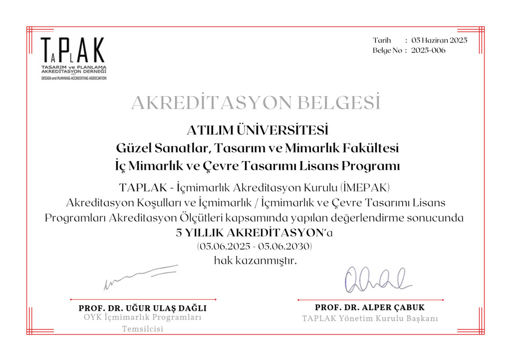 İç Mimarlık ve Çevre Tasarımı Akreditasyon Belgesi.