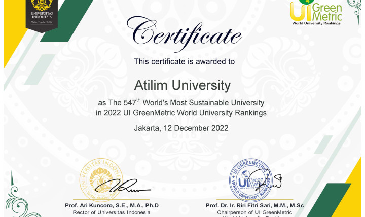 Atılım Üniversitesi 2022 UI GreenMetric Dünya Üniversite Sıralamasında
